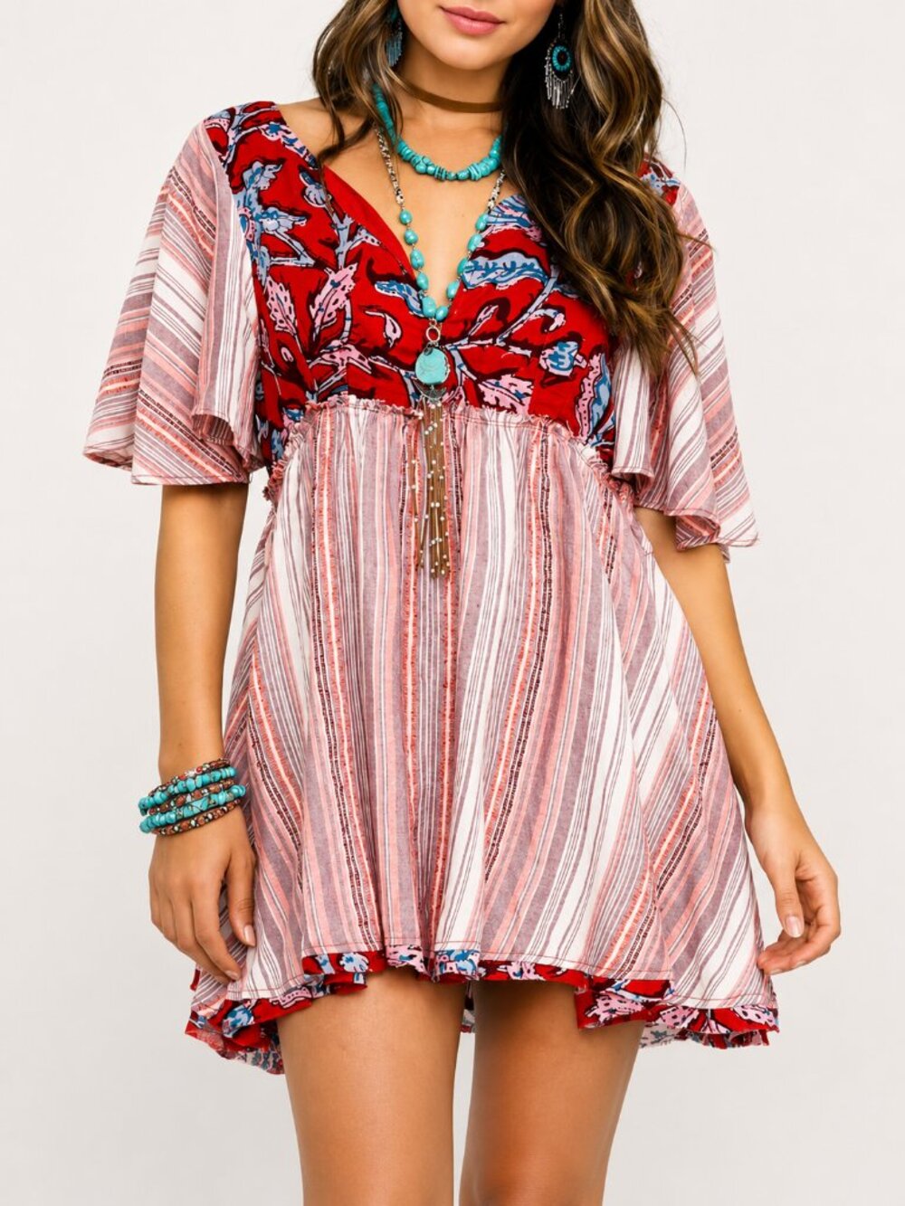 Free People Red Rome Printed Tunic Dress XS Boho V Neck Pockets NWT